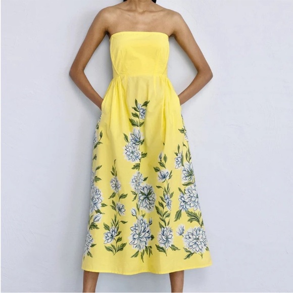 Banjanan Dresses & Skirts - Banjanan Strapless Yellow Floral Midi Dress ($360)